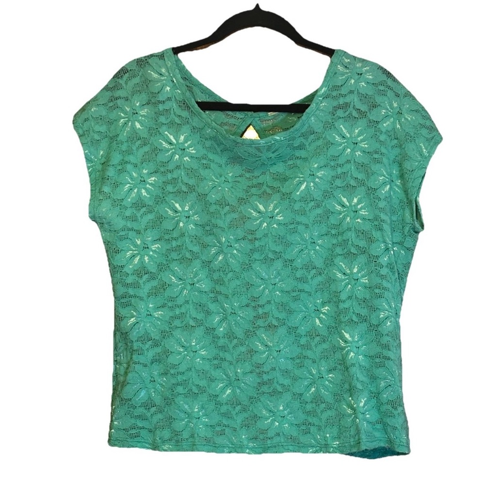 Francesca’s Aqua Blue Floral Lace Blouse Cut Out Button Back Women’s Size L